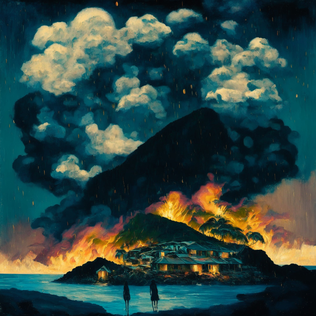Dusky Hawaii landscape with scorch marks, fire-illuminated faces of Oprah Winfrey and Dwayne 'The Rock' Johnson superimposed in the sky, hands extended out holding miniature homes, crypto coins rain down from a cloud toward the burning area, painted in Van Gogh style, moody and hopeful ambiance.