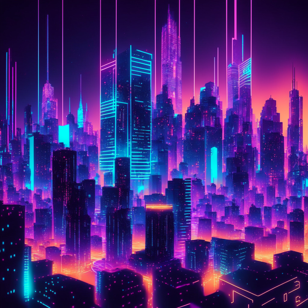 A futuristic cityscape at twilight, bathed in vibrant neon light hues symbolizing advancements in cryptocurrency. Skyscrapers have motifs representing Deutsche Bank, Taurus, South Korean Bitcoin Lenders, EY.ai, reflecting their involvement in the financial revolution. The AI sector represented by a glowing holographic grid, while DeFi space represented by a floating exchange platform. A blockchain symbol is painted across the sky, denoting the looming influence of web3. The atmosphere, a mixture of excitement and apprehension, matching the mood of the article.