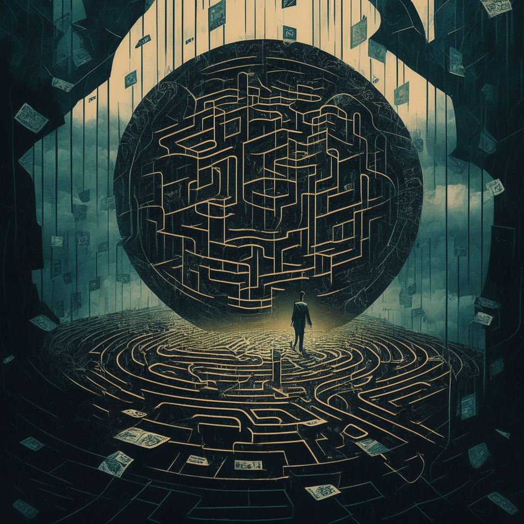An abstract representation of high stakes financial struggles in the realm of cryptocurrency encapsulating the Genesis Global Capital (GGC) bankruptcy saga. Depict a formidable lender entrapped in a financial labyrinth, dystopian in style, amidst a gloomy, foggy setting, lending a sense of complexity, uncertainty, and tension. Further portray a glimmer of hope visible in distance providing a touch of intrigue and anticipation.