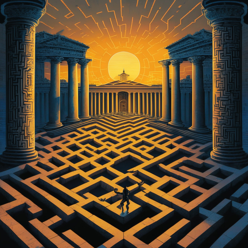 A maze symbolizing US law with key crypto-relevant scenes within its twists and turns: an ethereal figure advocating, digital assets in various stages of evolution. The maze levitates above a grand classical government building. A gloomy sunset paints the scene, contrasted by glimmers of hope from the cryptocurrencies. The mood is contemplative yet tenacious, in a Renaissance painting style.