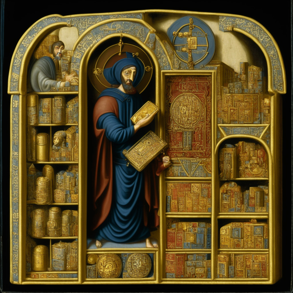 A detailed, Renaissance-style painting showcasing the contrast between two distinct sides. On one side, depict a futuristic bank vault labeled 'Custodial Wallet', filled with golden cryptocoins, surrounded by complex hardware while a middlemen figure manages it. On the other side, portray an individual holding a shield emblematic of 'Non-Custodial Wallet', with a private key, standing in front of a decentralized network signifying full control of assets. The scene should be illuminated in a dramatic chiaroscuro lighting to capture the tension between convenience and security, reflecting a sober, thoughtful mood.