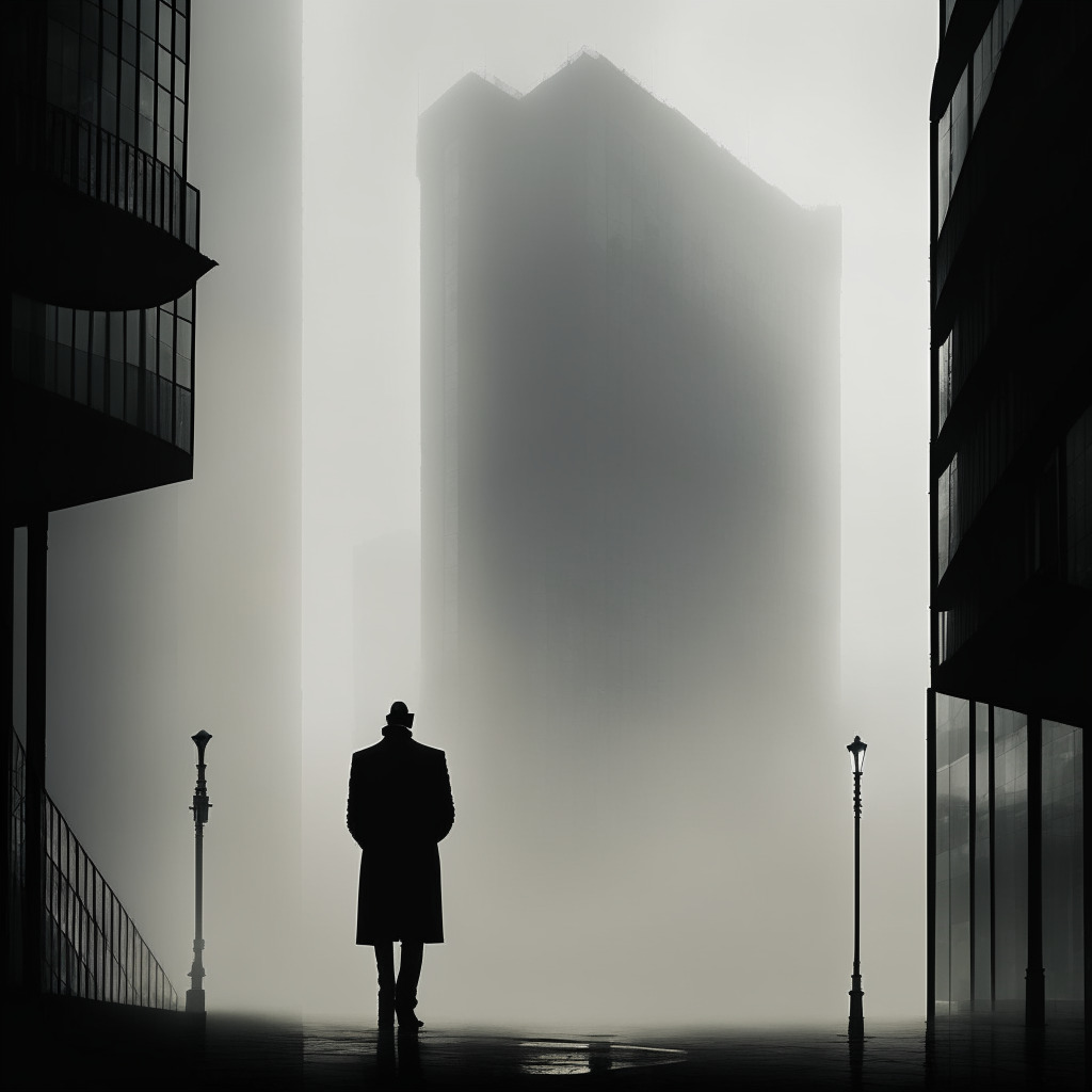 A gloomy, foggy London scene, 21st century city architecture merging with shadows, touches of film noir style. Silhouette of a man disguised in the enigma, symbolizing Caio Marchesani, standing near a giant glass building symbolizing US embassy. Hints of a vast treasure hidden inside, glimmers of gold and cryptocurrency coins. A separate torn picture laying on the foggy ground, showing ominous, darker corners of a chaotic Brazil and Belgium. Use ominous, low lighting, grayscale with splashes of gold and cold blue for a thrilling mood.