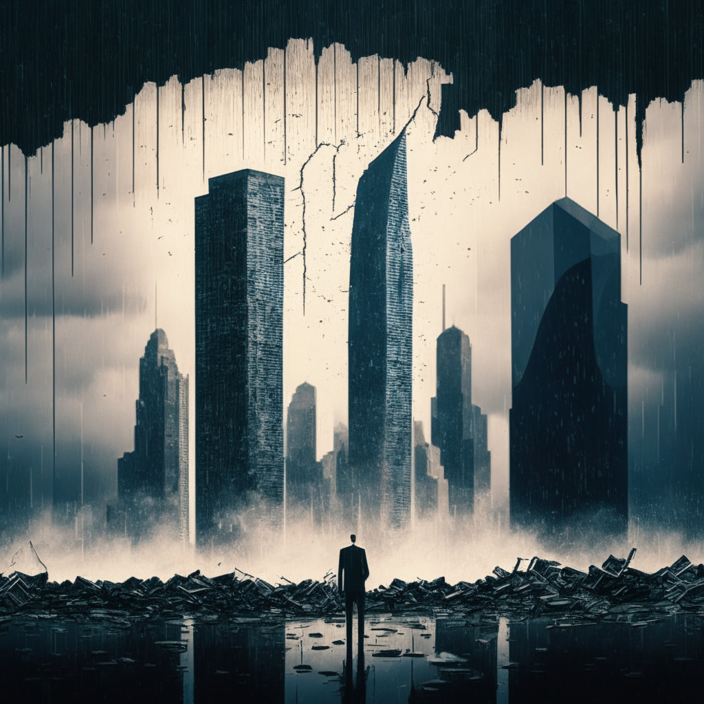 Early morning cityscape engulfed in a chaotic storm, skyscrapers symbolizing digital assets like Bitcoin and Ethereum showing significant declines. In the foreground, a cracked coin engraved with 'AltCoin', foreshadowing a potential crash. A looming, troubled exchange building blurs in the backdrop. A silhouette of an investor, hopeful despite the turbulent market, looking towards the horizon for potential investment opportunities. The overall mood is tense, with a hint of exciting volatility.