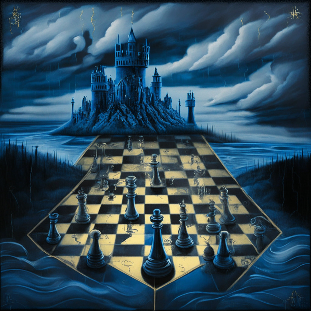 A chessboard with diverse pieces representing the DeFi ecosystem under stormy evening skies, symbolizing a dip in activity. One side showcases declining volumes and security concerns, depicted as a disheartened knight and vulnerable castles, all painted in moody blues and grays. The other side radiates with sparkling pawns and golden queen symbolizing resolute investors and innovative solutions, bathed in hopeful and warm sunset hues. In the background, a question mark looms, embodying the uncertainty and intrigue of the DeFi landscape.