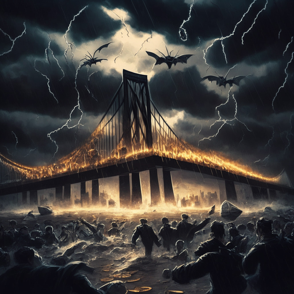 Dramatic scene of a Cryptocurrency market turmoil, vivid imagery of falling coins representing decline in value, Gothic art style portraying Nima Capital's unexpected 9 million SYN token dump. Light setting is dusky, signifying chaos and sudden downturn. Angry mobs under a stormy sky, embodying the crypto community uproar. A bridge, symbolizing the 'cross-chain bridge Synapse,' in tatters due to the pull away, contributing to an overall grim, unnerving mood.