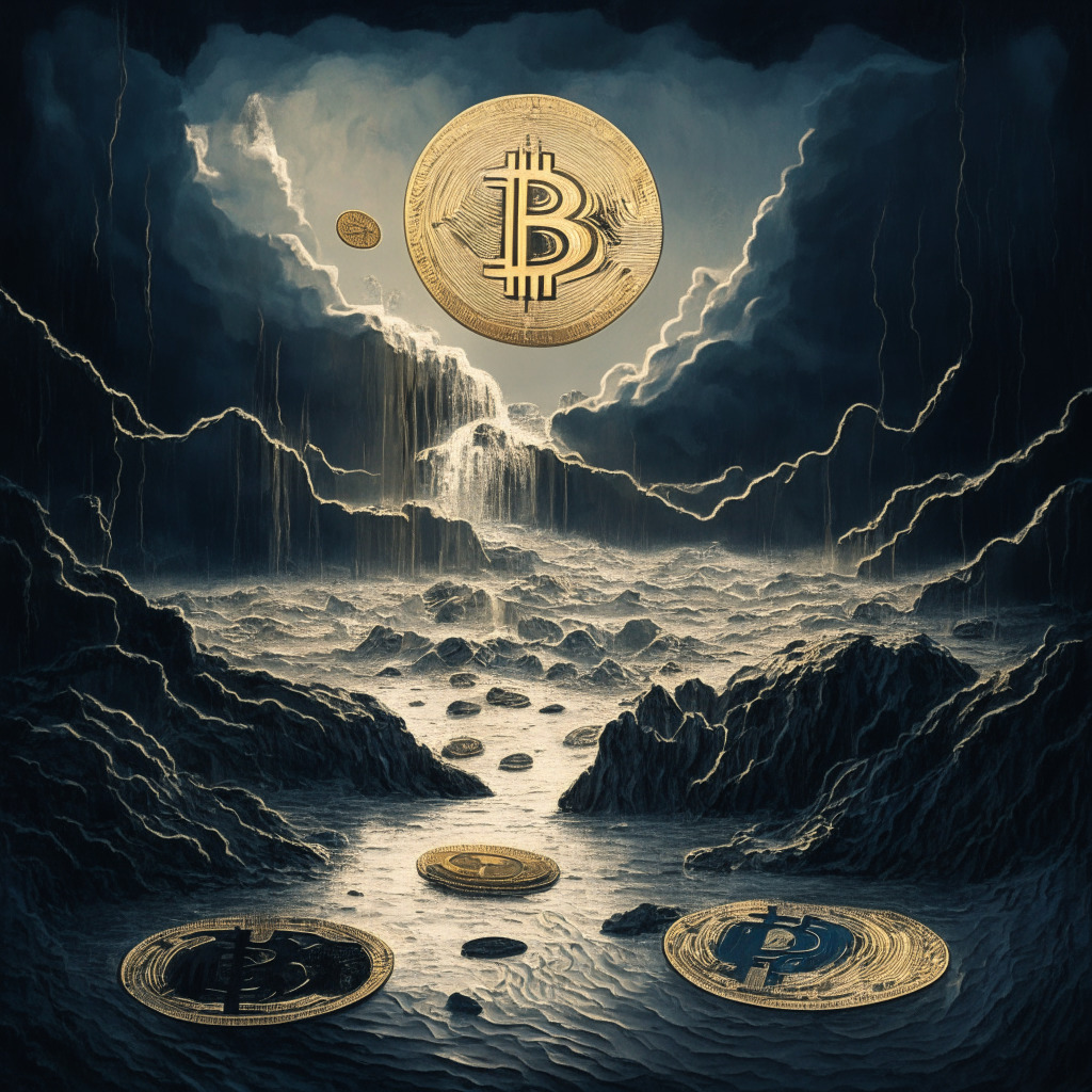 A gloomy landscape with streams of Bitcoin coins flowing downwards symbolizing decline, against a backdrop of a ascending broad Dollar symbol representing a bullish trend, intertwined by fractal patterns symbolizing market turbulence. The scene is depicted in a chiaroscuro artistic style, illuminating the contrasting fortunes of Bitcoin and the US dollar. Muted colors showcasing the subdued, uncertain mood.