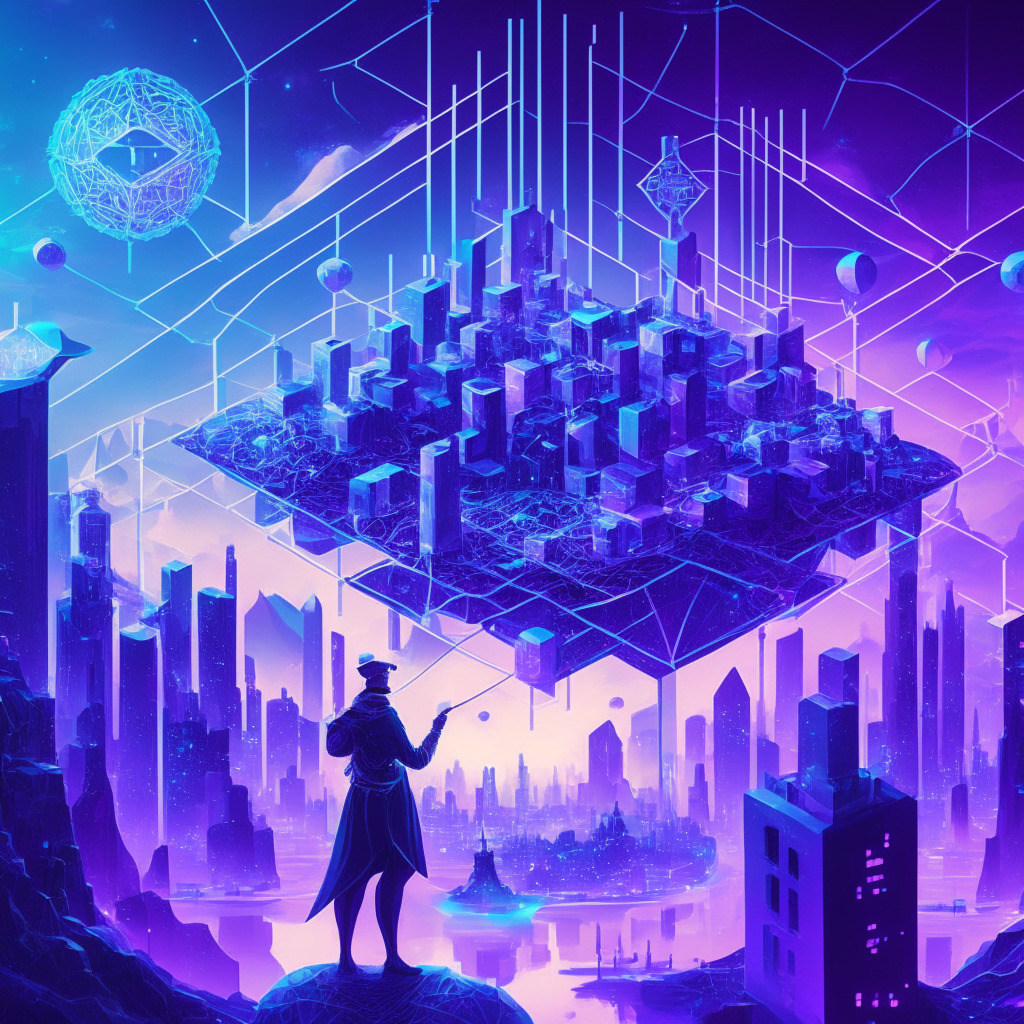A futuristic city reflecting advanced decentralization, vibrant hues of blues and purples to represent the Ethereum blockchain. Central scene displays Matter Labs handing over the control to an allegorical figure for DappRadar, marking harmony in change. An interconnected web of nodes symbolizes the zkSync ecosystem. Overhead, a radiant sun rises, symbolizing a new era of blockchain technology with city's skyline dotted with numerous projects as silhouettes. Lighting scenario is dawn breaking, giving a sense of new beginnings, illumination, and anticipation. The overall image is rendered in a neo-futuristic artistic style, invoking a sense of thrill, excitement, and a tad bit of caution, reflecting the mood of the article.