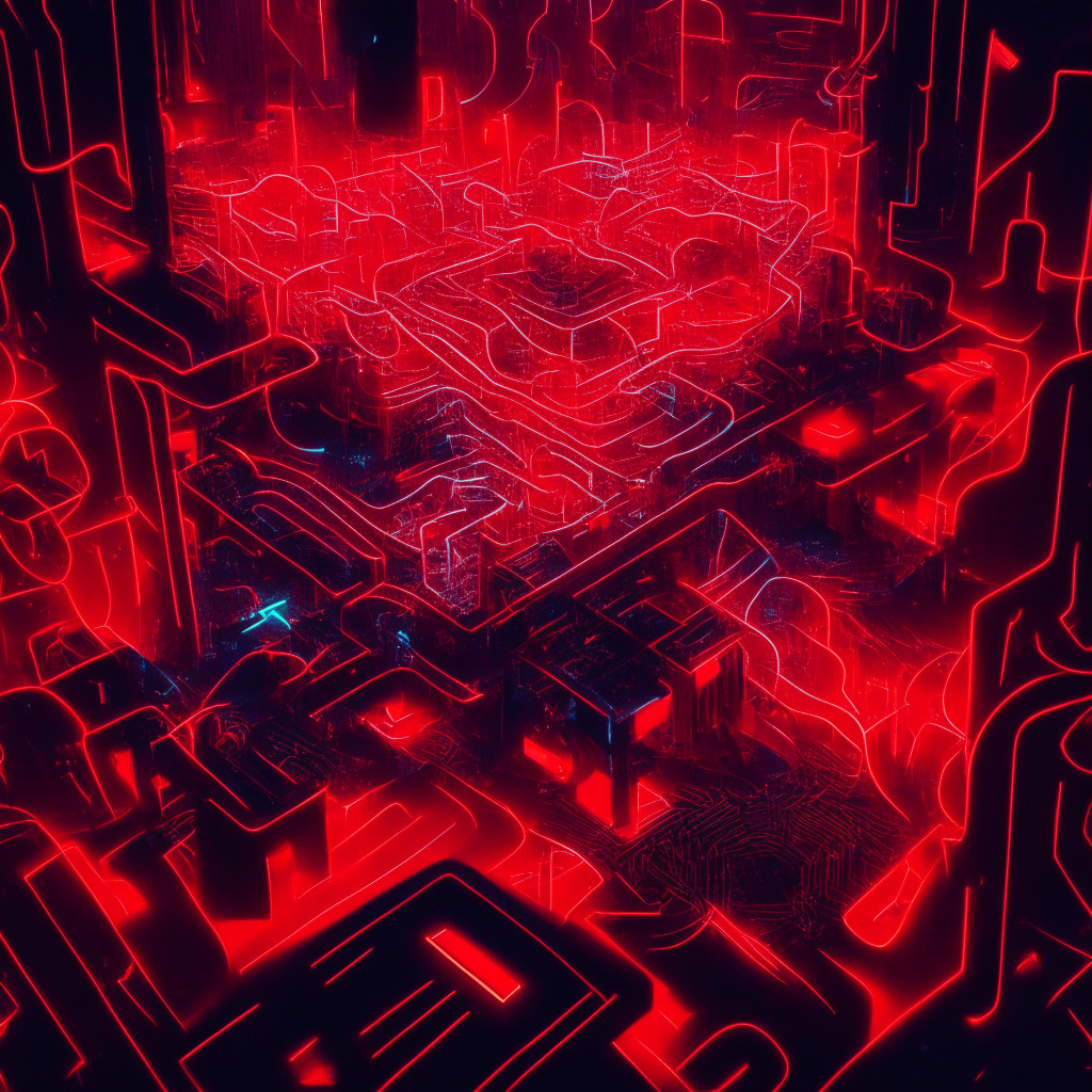 A complex cyber landscape illuminated by futuristic neon lights, presenting an intricate maze representing Ethereum's network. Central, is a towering sequencer, bathed in an ominous red glow, radiating powerful radiations, symbolizing power and control. The scene portrays a cyberpunk aesthetic mixed with an abstract representation of the base layer network, intricately crowded with extension nodes, indicating “layer 2” solutions. Hints of densely populated data packets, mimicking batch transactions, hover nearby. Shadows and dark hues set a mysterious mood, showing uncertainty and potential risks involving decentralization and security. A light mist represents regulatory scrutiny and scepticism, creating a mood of unease and intrigue.