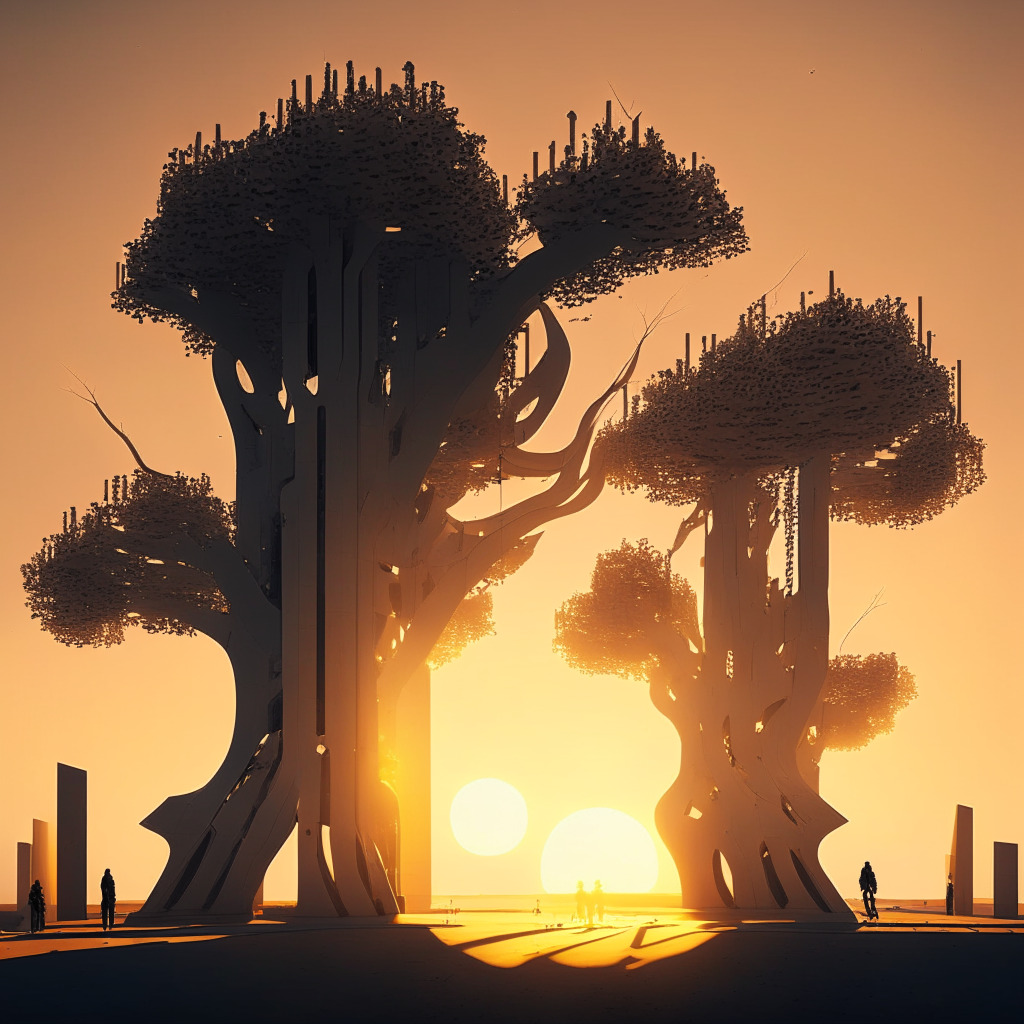 A techno-futuristic landscape under golden-hour light, capturing the juxtaposition of AI growth and limitations. Concrete structures symbolising strict regulations are cracking, revealing a blossoming tree of innovation bathed in radiant sunlight. Crowd of symbolic figures representing the public is delicately balanced on the edge of the scene, illustrating the uncertainity. Shadows cast by looming structures create an air of caution.