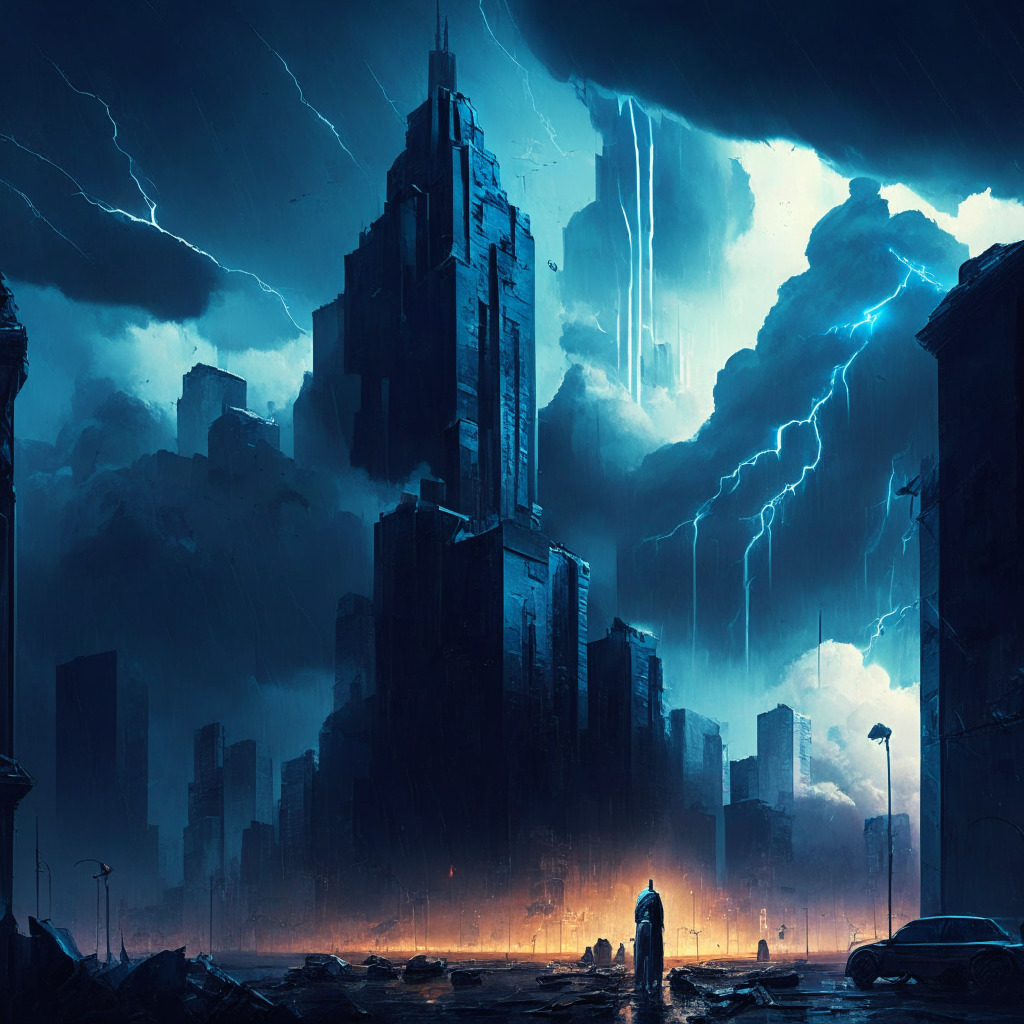 Dystopian cityscape under a stormy sky, illuminated by a beacon of vibrant, ethereal light in the shape of a decentralized crypto exchange. The image exudes an aura of resilience, embodying a 'David vs Goliath' theme. A contrasting surrounding of slumped buildings and figures, chilling in blues and greys. The trading scene is imbued with a feeling of mystery, tension and hope.