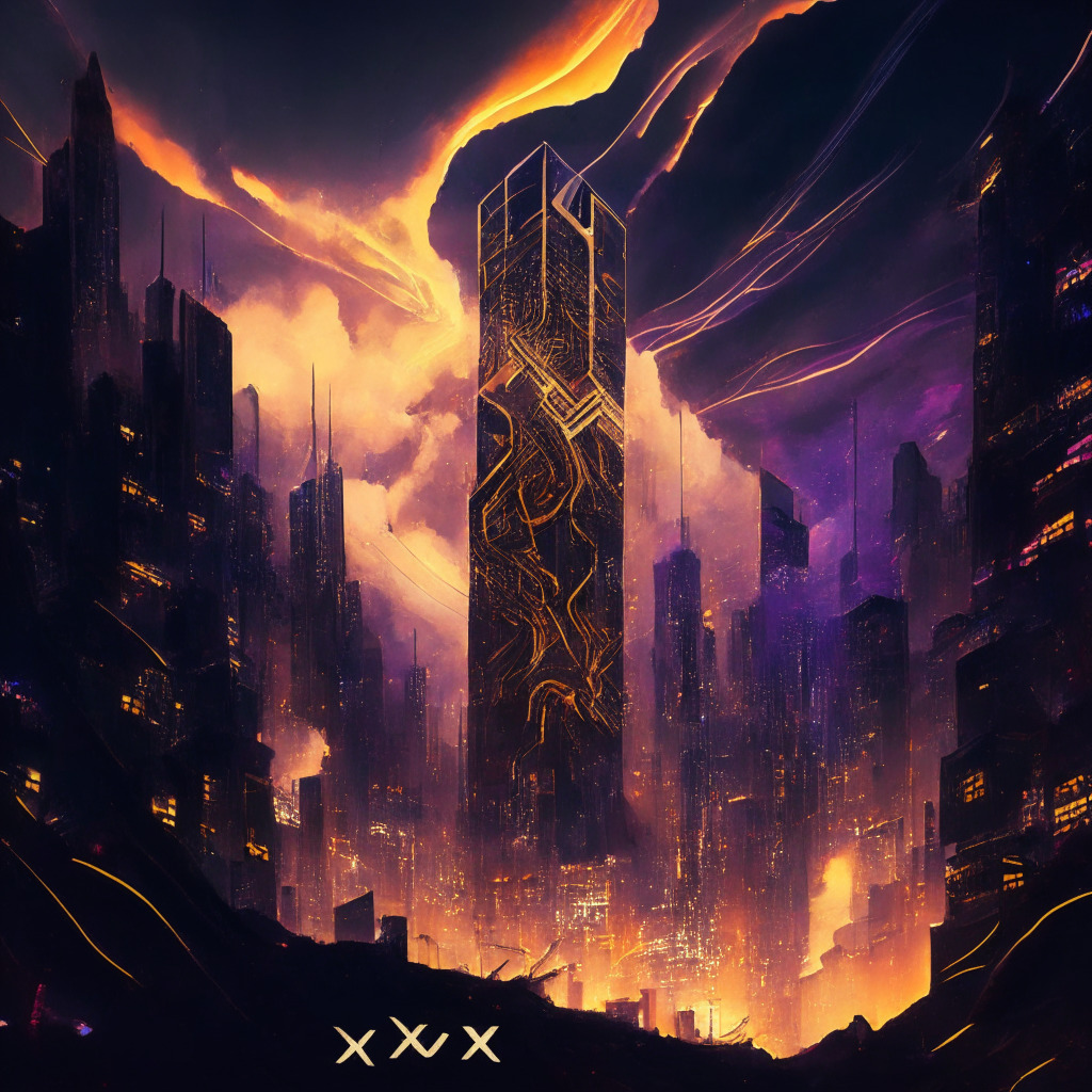 A futuristic, bustling cityscape under the dusky skies, skyline is ablaze with glowing, digital data streams swirling into the cosmos, reflecting transition. In the heart of the city, a monumental token with 'DYDX' etched, being lifted towards the cosmos. Mood: Enthusiastic, optimistic excitement, hint of uncertainty. Artist style: Cyberpunk.