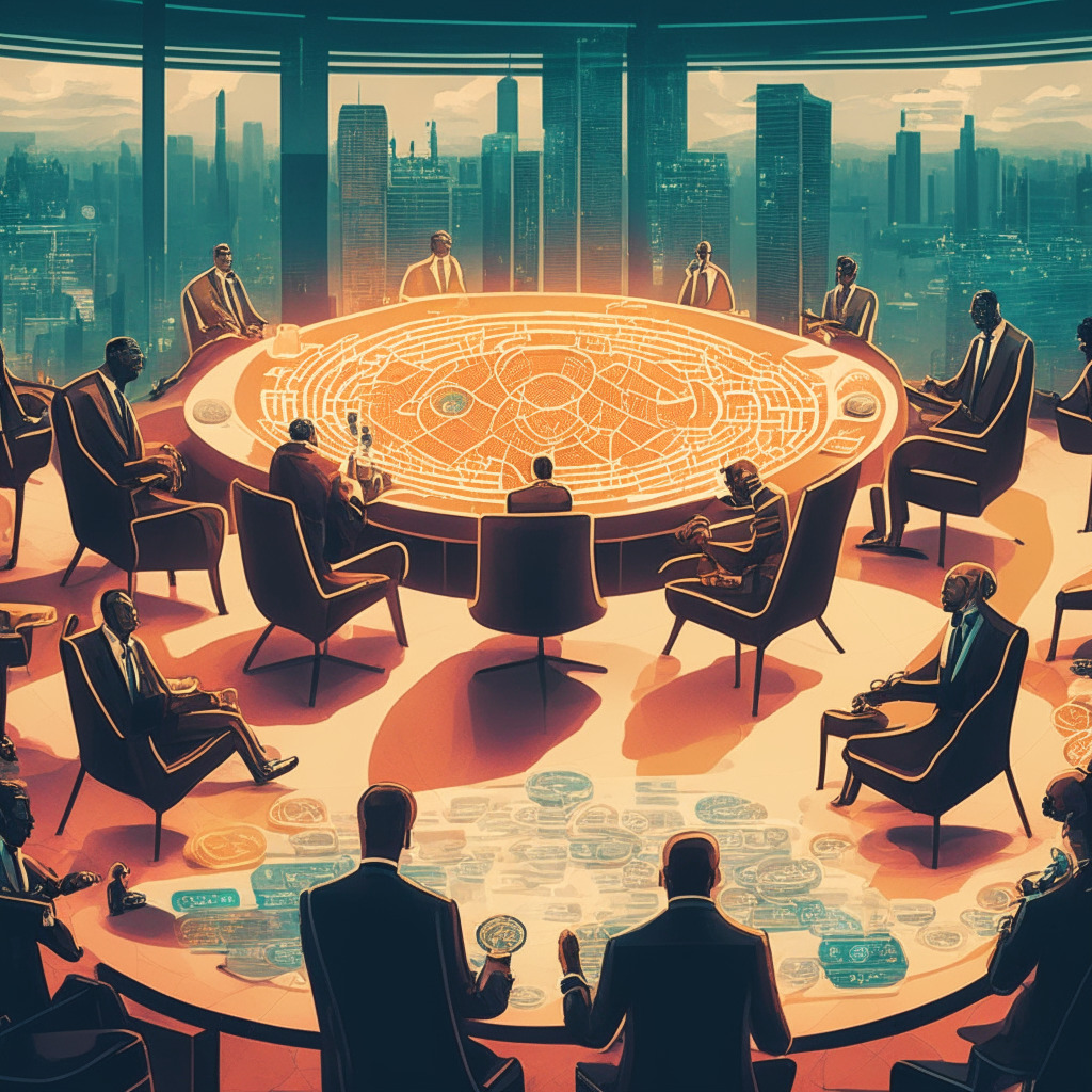 An intricately detailed scene of world leaders and financial regulators seated at a roundtable, with a futuristic cityscape representing cryptocurrency networks, DeFi applications, in the background. Encode the mood of the scene with soft warm hues, suggesting a critical and enlightened conversation. Highlight the contrast between decentralized financial systems and traditional institutions, using symbolic elements like transparent and opaque structures.