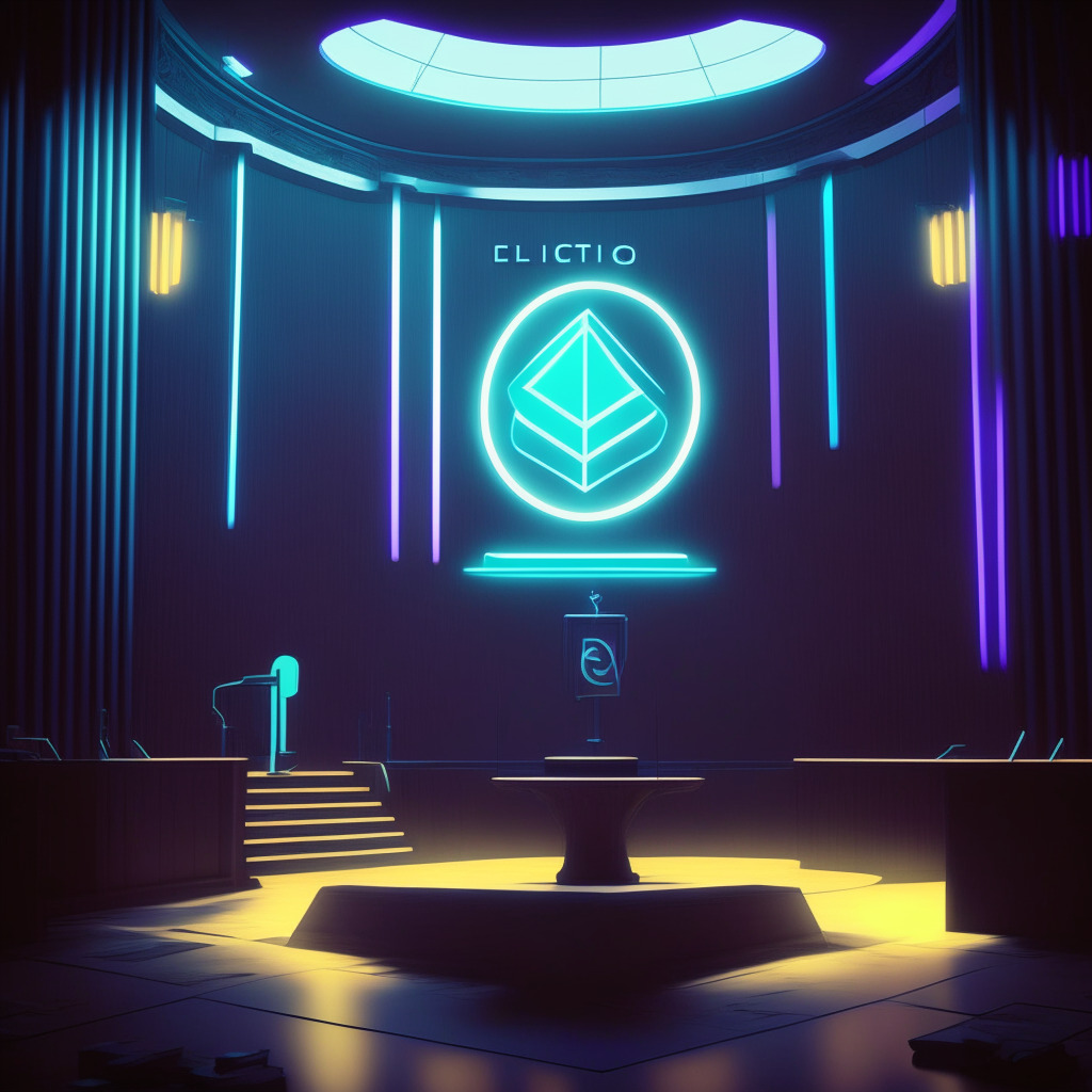 A mid-century modern style courtroom with a neon Ethereum logo in the background, a scale representing DeFi on one side and regulation on the other, balanced equally. A corner showing the shadow of potential malpractice looms. Overall evoke an ambivalent, suspenseful mood, lit by soft, diffused light..