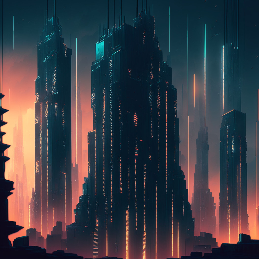 Dystopian cityscape bathed in soft twilight, luminous block-chain structures reflecting in towering skyscrapers, symbolizing a thriving DeFi ecosystem. Cobweb of glowing lines signifies smart contracts, protecting a fortress of coins. A harsh spotlight highlights the fortress, depicting resilience. A blend of Art Deco and Cyberpunk to capture an evolving, intricate but robust financial landscape.