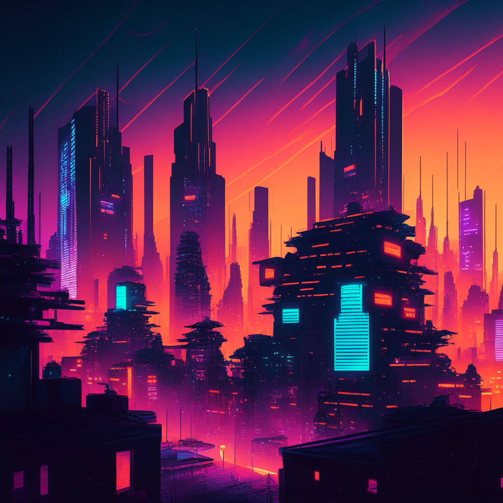 A vibrant, Neo-Futurist digital cityscape with visually evident blockchain aspects, hinting at a decentralised society. Buildings signal adult content creation platforms, illuminated with glows of varying intensity, signifying activity. Traditional platforms, depicted as waning old structures, overshadowed by flourishing decentralized structures. Darkening sky with a glowing horizon, late sunset. Mood: optimistic evolution.