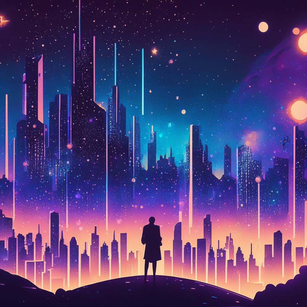 Futuristic cityscape illustrating the potential rise of decentralized stablecoins in the crypto market, silhouette of individual observing a digital landscape of network connections, rich colors in galaxy-inspired palette for an otherworldly feel, the city under a sky filled with glowing constellations depicting stablecoins, hint of tension and optimism in the atmosphere with subtle lighting, embodying the concept of a shifting crypto ecosystem.