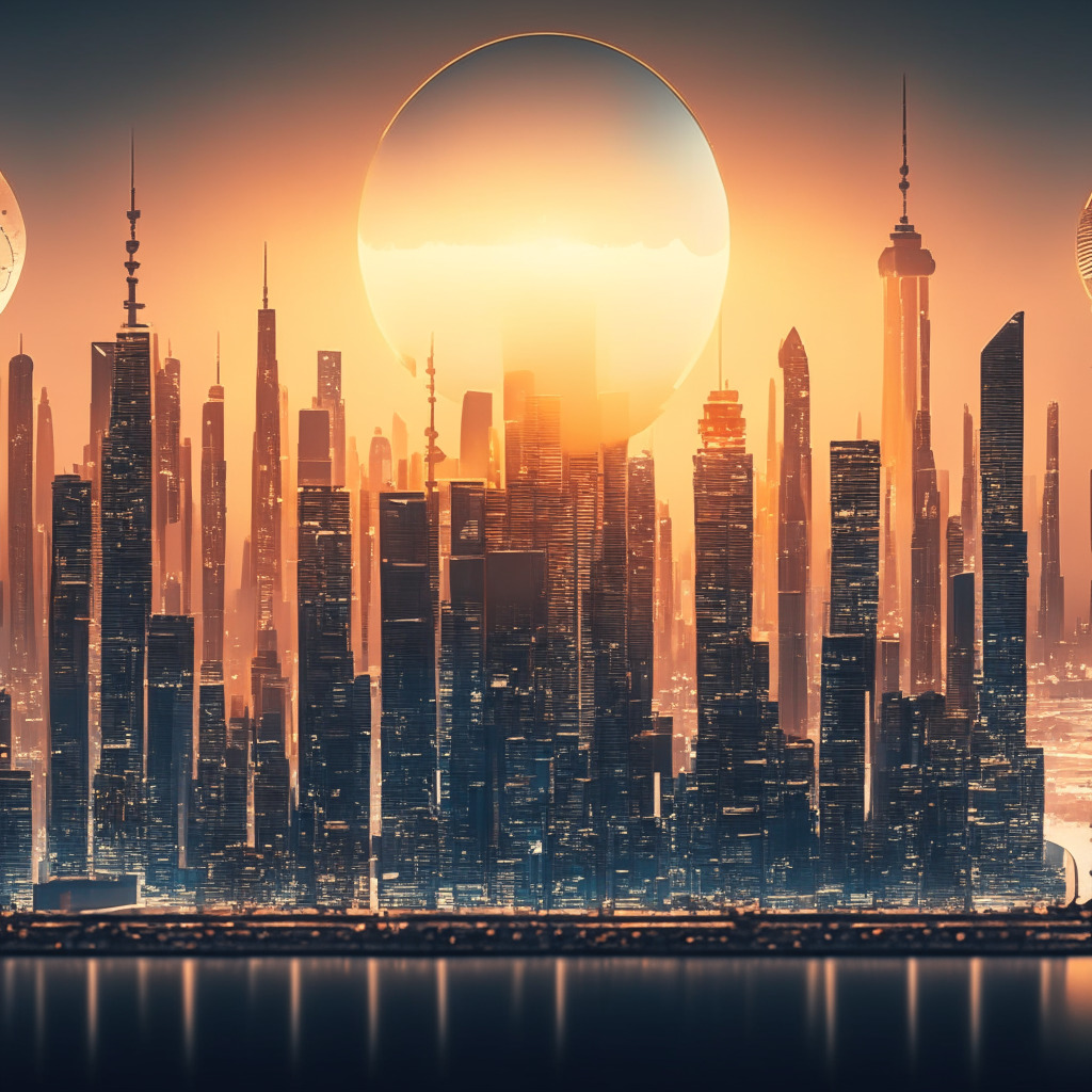 A panoramic view of a high-tech metropolis at dawn highlighting the glow from towering financial district skyscrapers, symbolizing China's growing global financial influence. In the foreground, visual representations of digital currencies, subtly shaping into the form of a globe, bringing forth a notion of a new world order. The grandeur of Art Deco stylisation with its elaborate details denotes a new age. The warm sunrise glow piercing through a light mist signals a promising but uncertain future, creating a mood of intrigue, contemplation and anticipation.