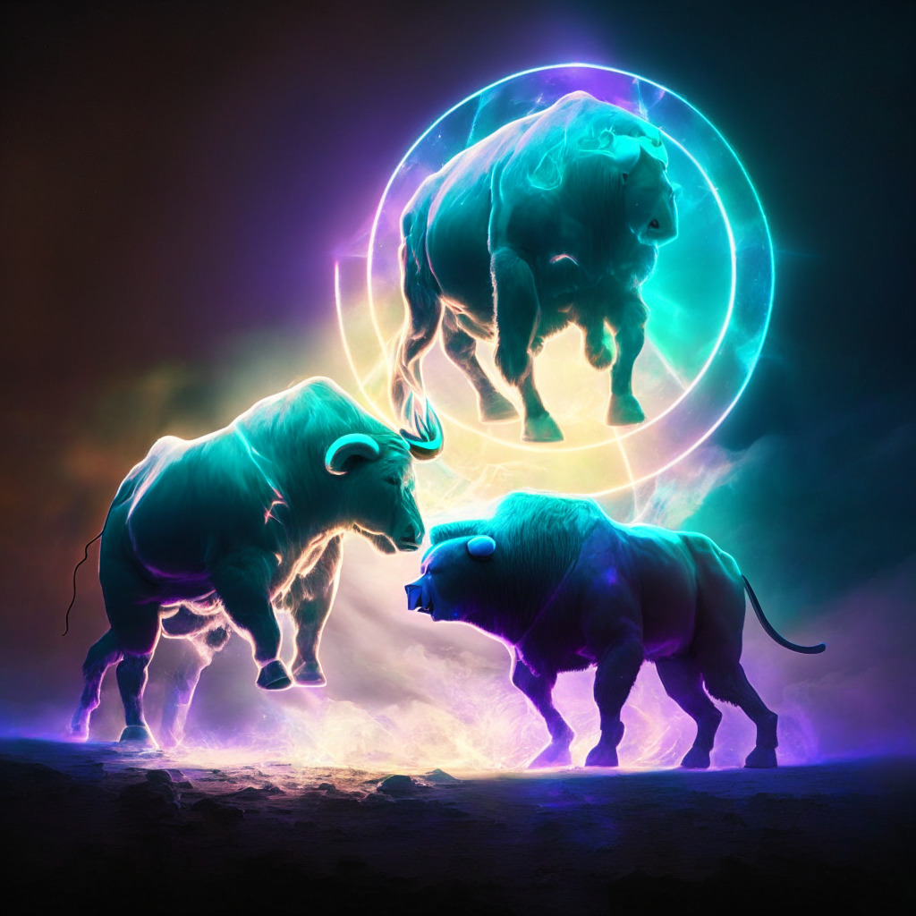 A spectral bull and bear clashing under a hazy opalescent sky, symbolic of Terra's unpredictable future, LUNA coins glittering reflectively in the half-light. Twisting paths lead to a luminescent portal, embodying emerging Meme Kombat, peppered with vibrant memes. Mysterious shadows hint at uncertainty, volatility, whilst soft glimmers promise potential riches.