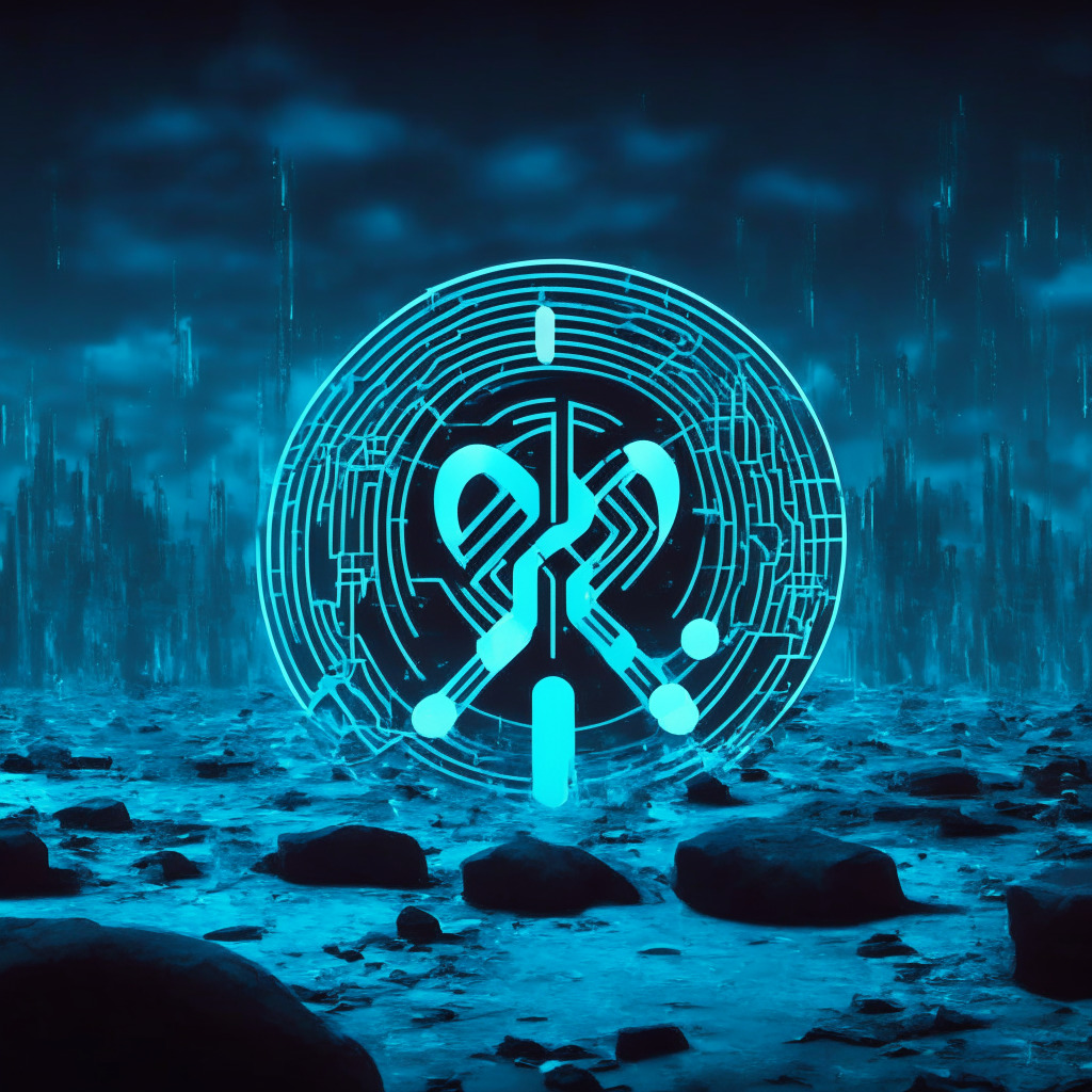 Conceptual image of a ripple symbol evolving into a blockchain structure, exemplifying decentralization, set against a backdrop of a digital landscape, with cool tones for an atmosphere of anticipation. The image should have a cyberpunk aesthetic with neon accents, conveying the futuristic promise of Ripple's technology. It should subtly depict the struggle between centralization vs. decentralization, embodied in the contrasting illumination of the symbol and the structure mimicking day vs night tension.