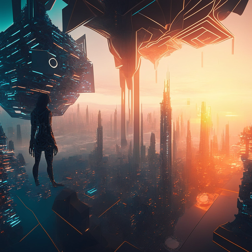 A technological dawn breaking over a vast virtual world, embodying an ambitious race to democratize the metaverse. Futuristic cityscapes of surreal 3D avatars, blockchain elements, intricate web platforms, all under a warm yet ambiguous light. Picturise tension between innovation and accessibility, an uncertain mood permeating the scene.