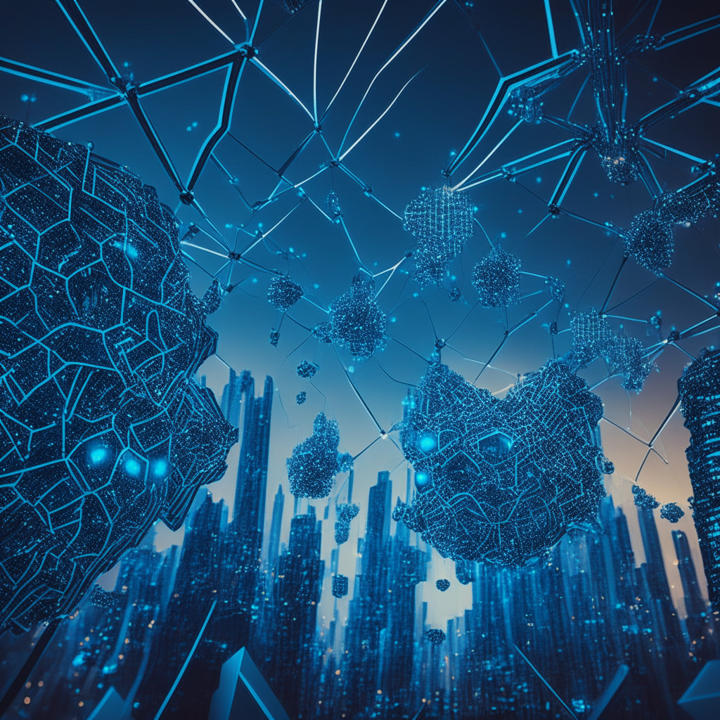 Futuristic cityscape at dusk representing DeFi universe, detailed swarm of luminous digital bees interacting with geometric shapes symbolizing Wrapped.com. The scene rendered in cool tones of blue and silver, evoking a sense of trust, technological progress. An abstract representation of the crossover between blockchain networks, featuring luminous chains. Mood: inspirational, innovative, harmonious.
