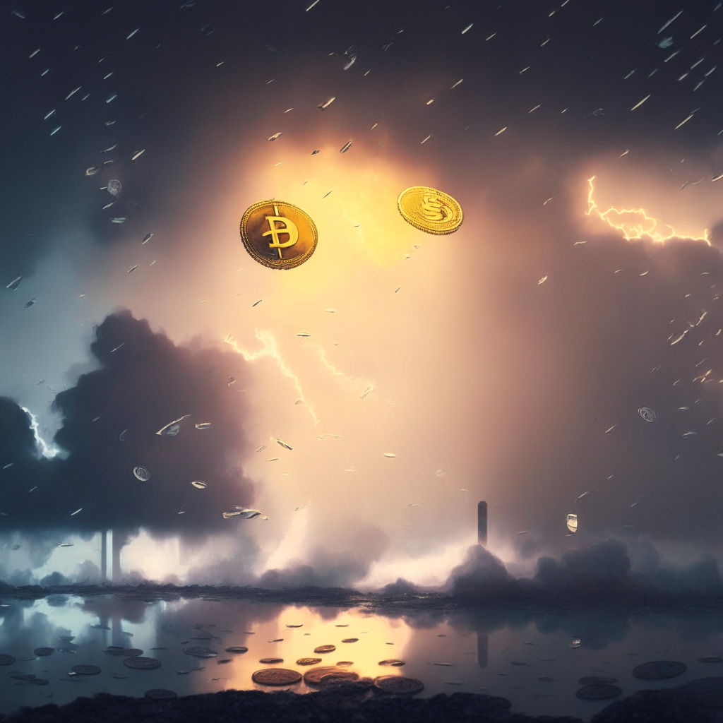 Twilight scene illuminating crypto coins falling in value, suggesting downturn, portrayed by fading colours, sinking below the horizon line, juxtaposition of shining USDT coin flying upwards, demonstrating resilience. Foggy regulatory constraints forming grey clouds, a prism breaking the light into diverse traditional assets. Mood should evoke uncertainty, potential.