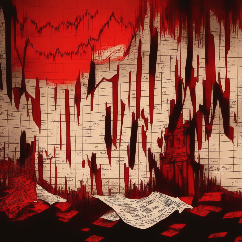 Aged parchment paper bearing massacre of crypto losses in 2023, illustrated in vibrant bar charts, flash loan, exit scam, exploit losses tallied in red ink, Cryptoverse landscape in muddled grey whispers, akin to Picasso's Guernica painting, under dim sepia lighting evoking grim mood.