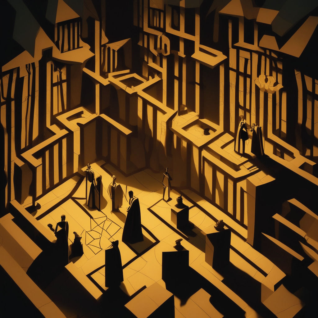 A dimly lit courtroom in dusk, diverse judges pondering over a golden intricately carved maze in the form of US. The maze symbolises future of DeFi. Around, shadowy figures insinuating DeFi builders, struggling to navigate the maze. Style: Distinctive Picasso-Cubism mixed with Surrealism, overall mood conveying uncertainty and challenge.