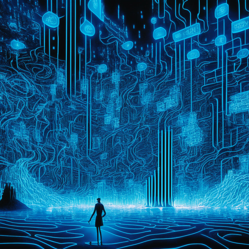 A vast digital landscape representing the Metaverse, filled with glowing streams of data symbolizing monetary flows. A scholarly figure, evoking authority, monitors the flows, signifying taxation. Depict this scene in a Surrealist style, using tones of neon blue and silver under a harsh artificial light for a futurist mood.