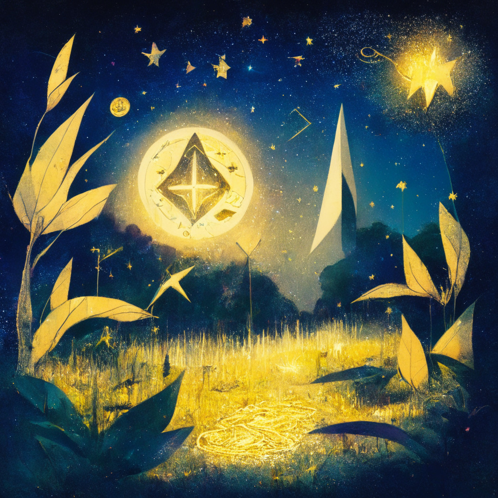 A cosmic scene with star-studded sky, a bright, upward-moving golden arrow materializing from a hangdog, worn-out coin, symbolizing a rebounding digital asset. Surrounding, abstract crypto coins emerge from a lush presale garden. Soothing, twilight setting with a hopeful mood, underlined by ethereal, impressionistic brush strokes. Timely governance-related strokes illuminate the landscape.