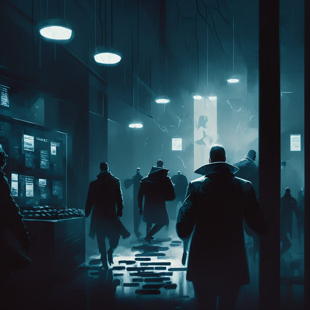 Cryptocurrency heist scene in the style of a modern digital art, a sleek, polished interface being breached by ethereal, shadowy figures, all under a cold, ominous lighting. Capturate the dramatic contrast of security and danger, painting deception, tension, and swift intervention.
