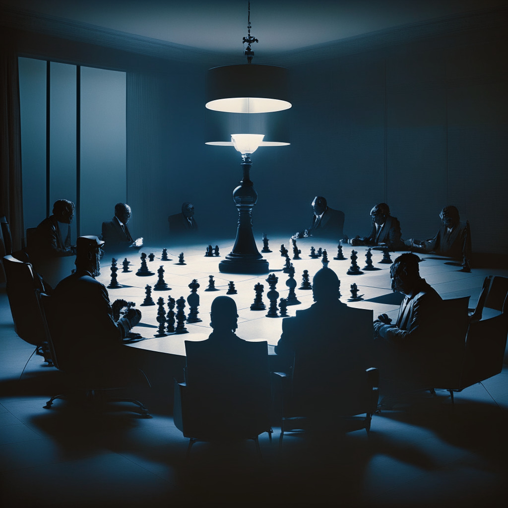 Dusk-tinged meeting room with AI titans and lawmakers in striking chiaroscuro lighting, exhibiting nuanced shades of uncertainty and intrigue. On the table, symbolic chess pieces representing AI's monumental power, potential risks, and regulation debate. Encapsulating the mood of pivotal historical dialogue, importance of collaboration, optimism, and skepticism.