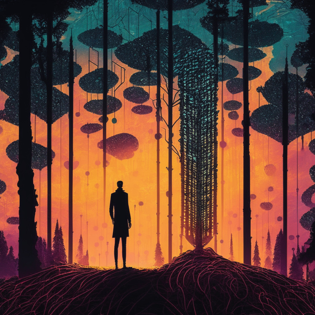 Abstract sunset over a dense forest, pierced by digital nodes symbolizing blockchain, a man in the attire of a pioneer stands sentinel - symbolizing Raj Gokal. Decentralized 5G networks scattering light, and a wave approaching in the horizon indicating profound changes ahead, Job-like palette infusing the entire scene with a hopeful yet challenging aura.