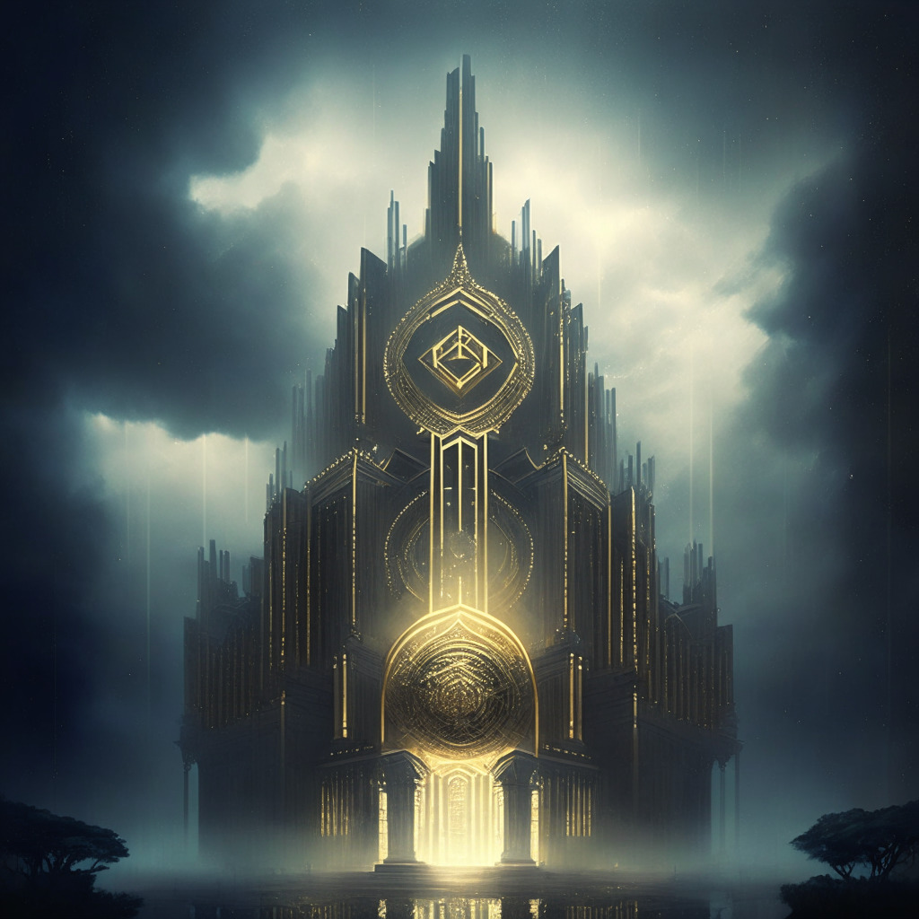 A neo-Gothic Ethereum Supreme Court, towering in a cyberspace vista under overcast skies. Layers of digital courts are nested amidst radiant lines of code, denoting various hierarchical structures. Gold-tinted lights cut through the fog of uncertainty, symbolizing a shield for the Ethereum network. The scene is cast with a mix of tranquility and tension, reflecting the ambitious vision and speculation surrounding the proposed idea.