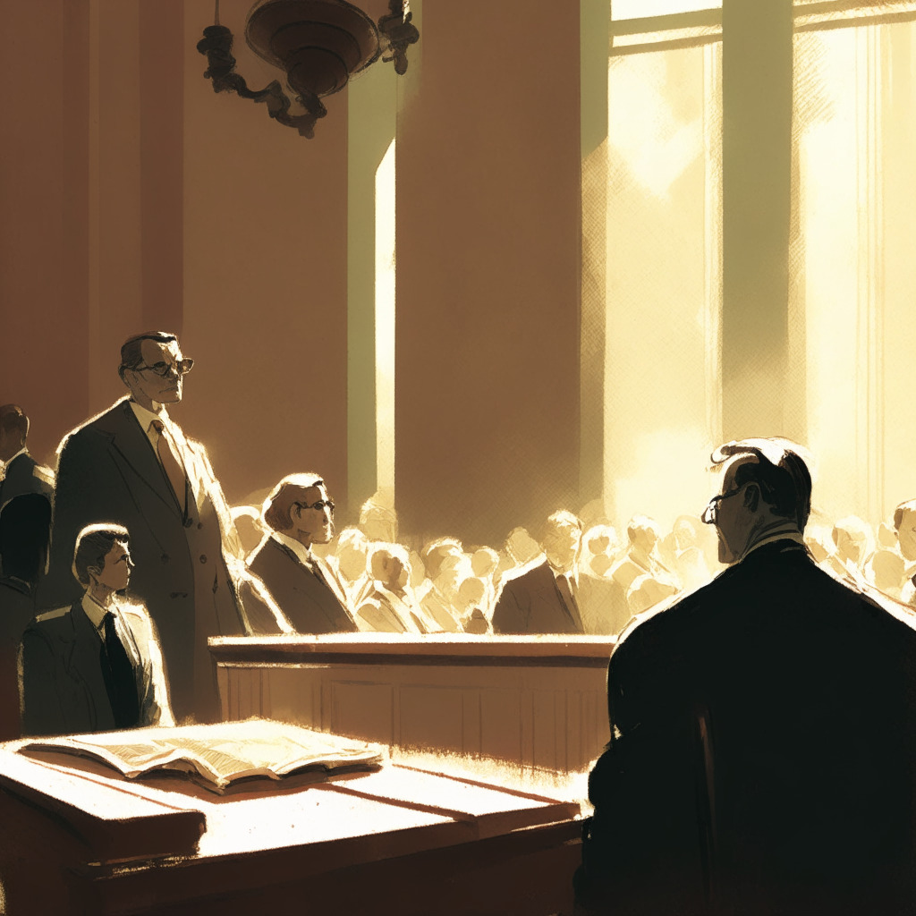 An image in muted pastel shades capturing the seriousness of a courtroom scene, with impressionist style imitating a masterpiece. The setting shows lawyers mid-argument, sunlight filtering through wooden blinds creating a solemn, dignified atmosphere. A shadowed figure emblematic of a crypto coin looms ominously over the room signifying the weighty implications of the case.