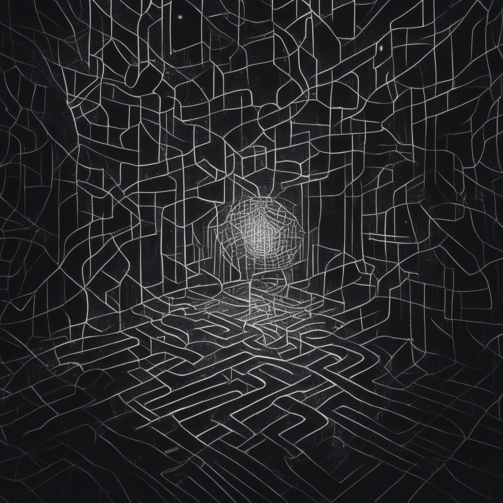An intricate digital labyrinth, blockchain nodes entwined like strands of a spider's web. In the gloom, a single Ethereum wallet glows ominously, its contents seeping into shady corners. The scene is drawn in a noir-style theme, underscoring a tense mood. Dynamic, dramatic light slashes across, uncovering a clandestine world of crypto transactions.