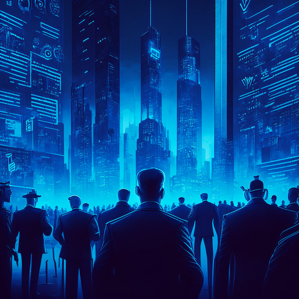 A futuristic cityscape at dusk, with a colossal, secure, digital vault at its center, glowing blue indicators signify its operation. A crowd of various characters representing law enforcement and investors are in the foreground, studying a holographic screen displaying binary code and dollar signs. The atmosphere is tense yet hopeful, resonating with the style of a Neo-noir thriller.