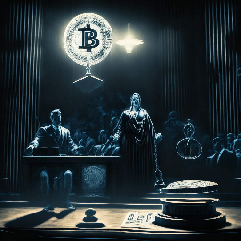 A late-evening courtroom cast in chiaroscuro light. Attorney John Deaton stands with a silver gavel in hand, embodying justice. An ethereal ribbon of cryptocurrency symbols including XRP and LBC reflects off the polished wooden surfaces, a symbol of the high-stakes legal battles. The background reveals shadowy figures representing the SEC. The mood is tense, reflecting the seriousness of regulatory challenges.