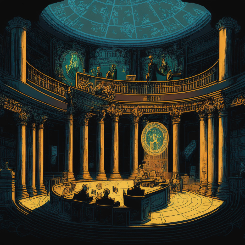 Depict an ornate, classical courtroom aglow in twilight hues, heightening the tension. In the center, a metaphorical scale balances a golden token and an indecipherable contract, with an anonymous figure on one end, representing shady token issuers. The walls are etched with statistical graphs of rising and falling crypto tokens, in Van Gogh's starry night style, portraying the volatile crypto market. The emotion conveys a dramatic, unresolved dilemma.