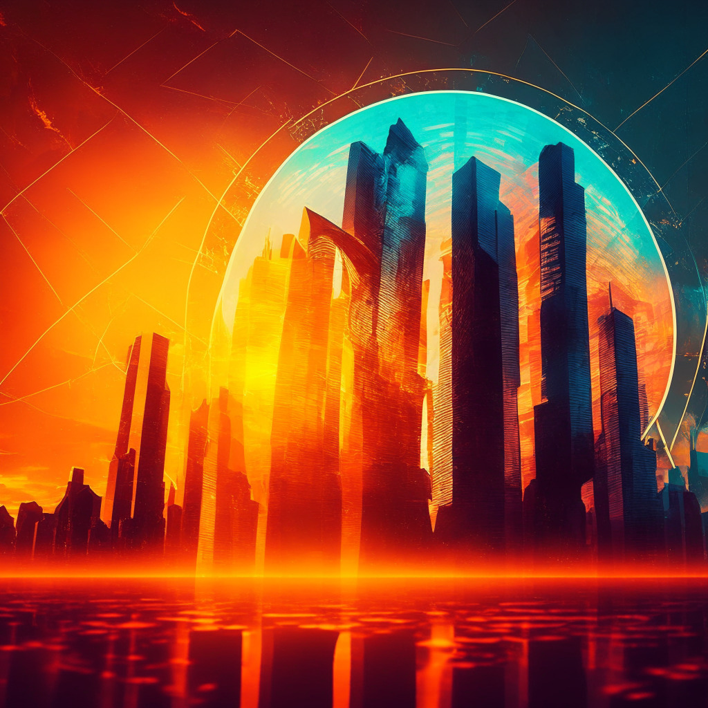Global financial institution forming a daring partnership with a futuristic cryptocurrency platform, bathed in bold sunrise hues expressing innovative breakthroughs. Specter of risk shadowing the scene, highlighting the volatility of the crypto market. Feel the intertwining of old and new, signaling a pivotal yet uncertain shift.