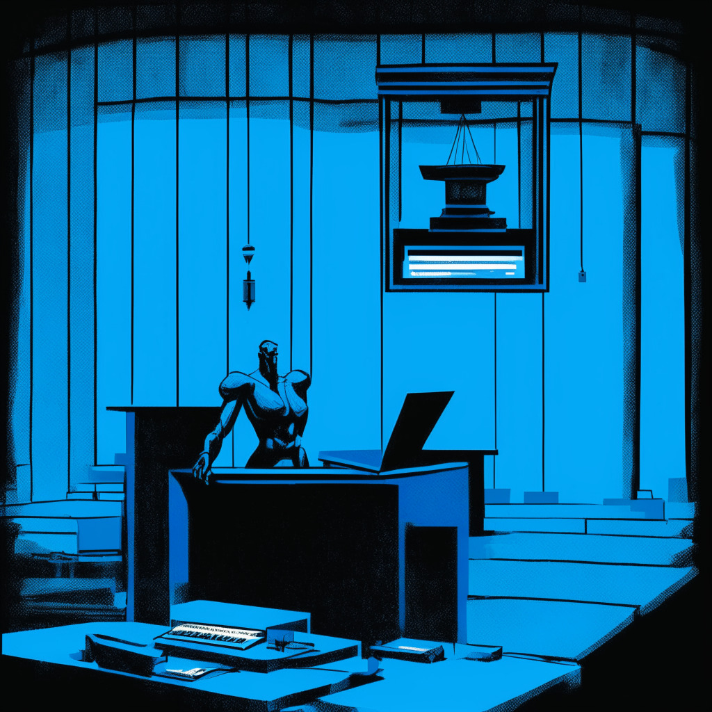 A courtroom bathed in cool, blue hues, representing the challenges digital justice faces in the 'cell block' of a courthouse. An abstract figure symbolizing Sam Bankman-Fried, hunched over a laptop, signifying the struggle against limited internet, with documents half-loaded on the screen. A large, looming figure of justice, where the balance scales tilt uneasily, alluding to the dilemma of fair justice in the digital era. Shadowy, bar-like structures crisscross the courtroom to set a somber mood and evoke his confinement.