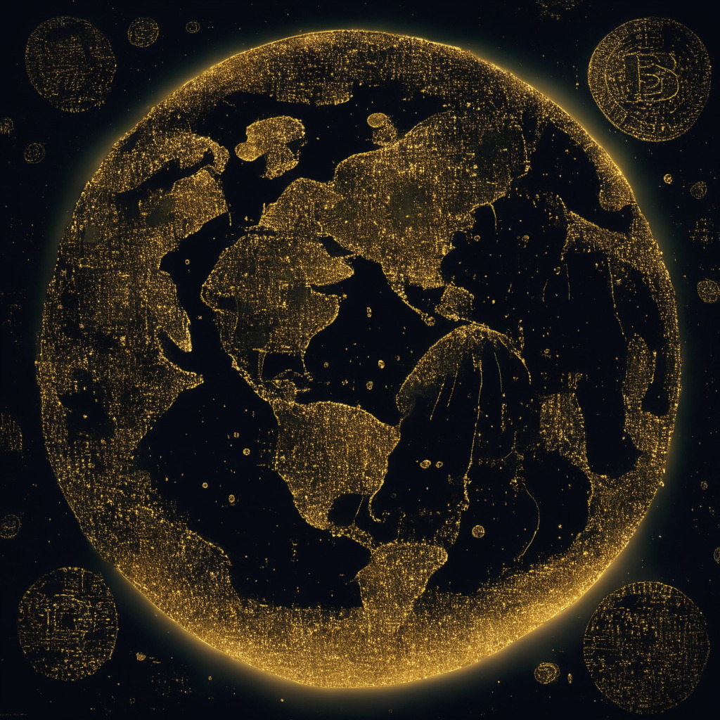 A global view highlighting BTC, a primary source of newly minted wealth, glittering stars representing 100+ centimillionaires. Muted tones depict countries with favourable crypto environments, Illuminated crypto coins signify millions of owners worldwide, Shadow corners echo potential downfalls, in a chiaroscuro style capturing both optimism & uncertainties.
