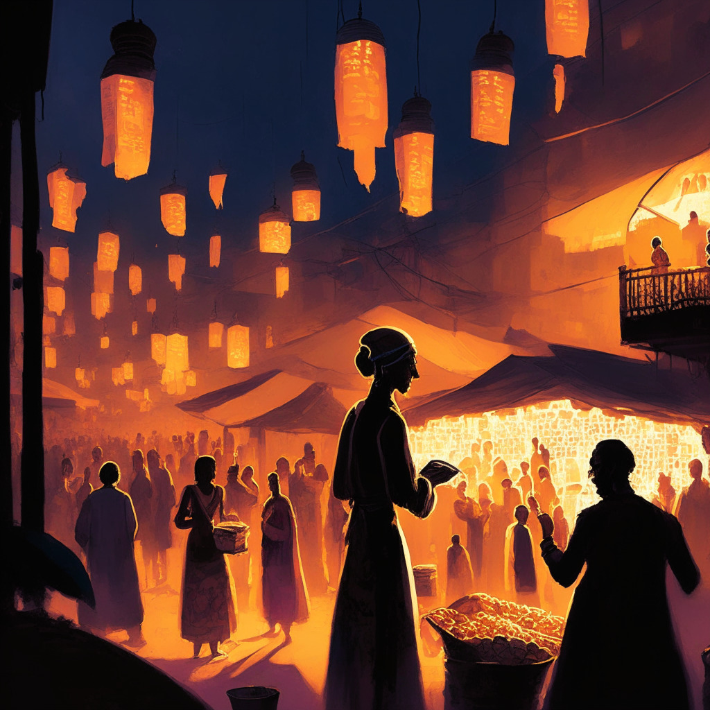 A bustling Indian market at twilight, bathed in the warm glow of hanging lanterns. A futuristic vision of transaction with users scanning QR codes on their smartphones to pay in Digital Rupee, a palpable air of intrigue and innovation. In the background, a shadowy figure symbolizing risks and skepticism looms. Painted in a digital futurism style.