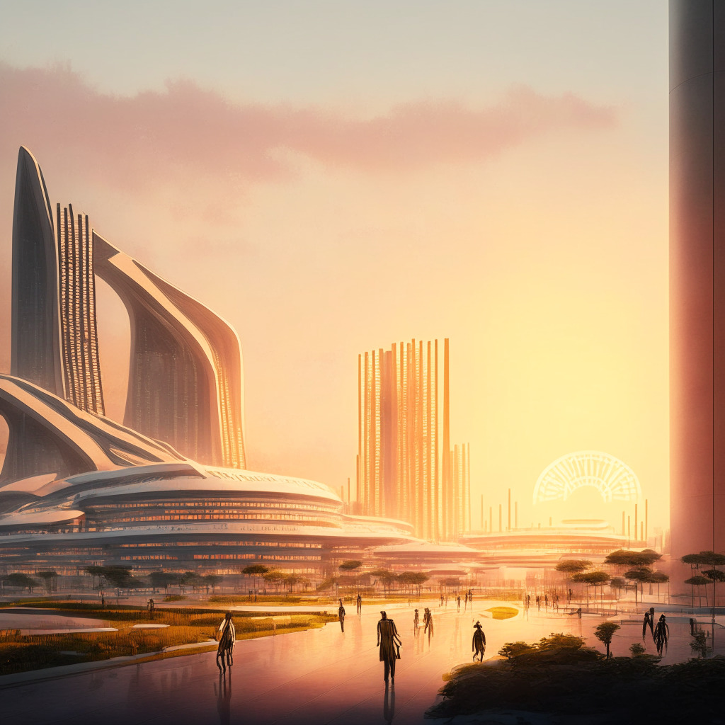 A digital impression of Guangdong Province's Zhongkai High-tech Industrial Development Zone, bathed in soft warm sunrise light which symbolizes a new era. The mood is optimistic yet intense. A mix of traditional and modern architectural elements, highlighted with employees receiving digital yuan, an interspersed futuristic image of blockchain, hinting at the digitalization of payments. Sketched in stark neo-expressionism style.