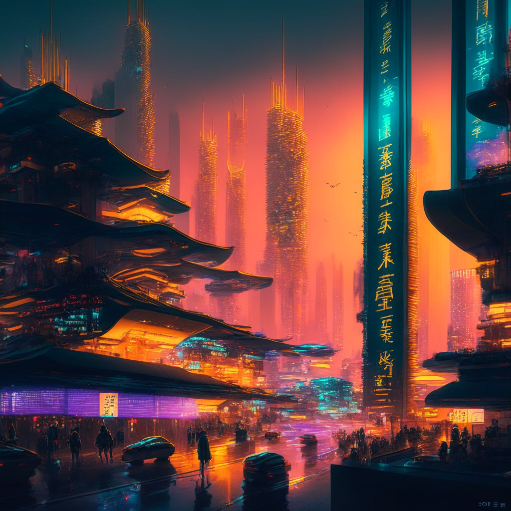 A futuristic cityscape of mainland China at dusk with gold and neon hues, an emphatic display of digital payment revolution. A variety of retail shops thriving with e-CNY transactions, displayed in streams of light, QR codes floating in mid-air. Mood is optimistic. Style blends realism with cyberpunk elements, hinting at China's growing digital economy.