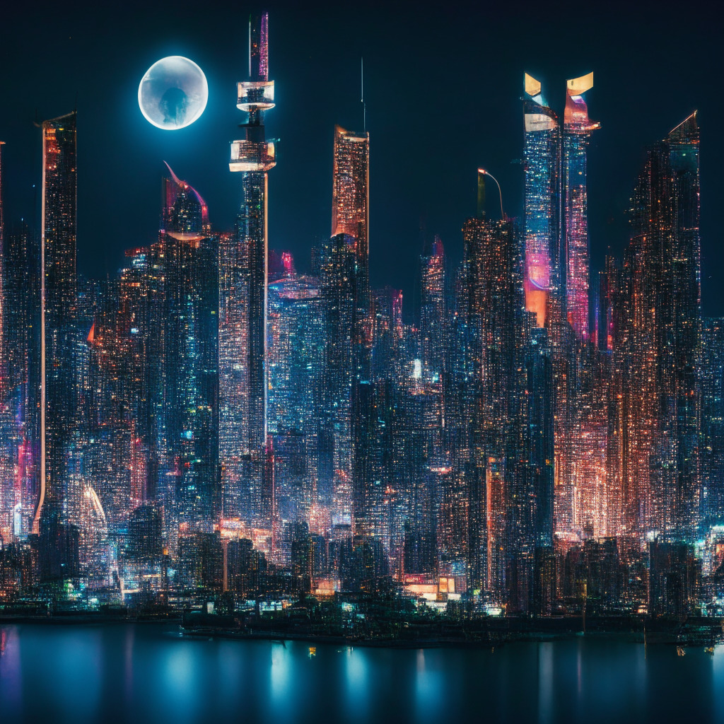 A night view of an advanced, bustling Asian cityscape, bathed in the soft glow of moonlight. Structures incorporating a blend of modern, digital design and classic Southeast Asian architecture, symbolizing the merging of tradition and technology. Lively marketplaces filled with transient holograms of digital yuan, underlining the rise of digital currency. A hint of tension and uncertainty mingles with the prominent mood of anticipation and innovation. Artistic style inspired by cyberpunk aesthetics.