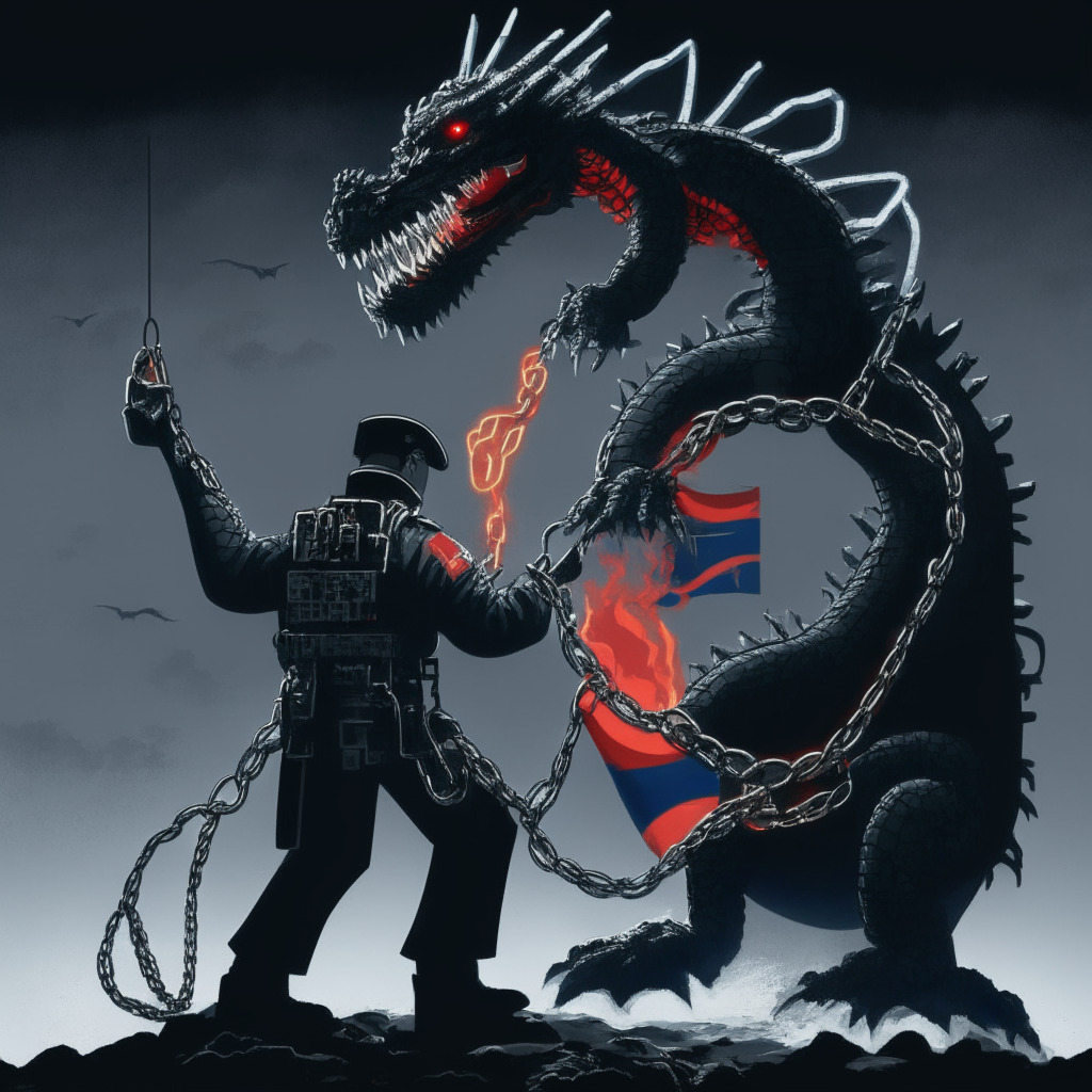 Imagery of a soldier-like figure dismantling the chains of a digital, futuristic North Korean dragon, symbolizing crypto assets, in a noir-style cyber-realm, South Korean flag subtly draped across the background, an atmosphere of quiet defiance and resonant power, dimly lit, underlining tones of cyber-protection & regulatory action, slight undertone of discontent.