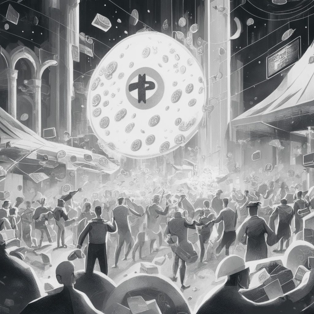 A bustling financial marketplace bathed in gleaming soft-glow, with abstract representations of Ethereum coins orbiting an exchange-traded fund (ETF) in the center. This painting style illustration reflects a positive, hopeful mood, symbolizing Grayscale's Ethereum Trust’s transformation into an ETF. The scene is imbued with a sense of evolving investor sentiment and future predictions.