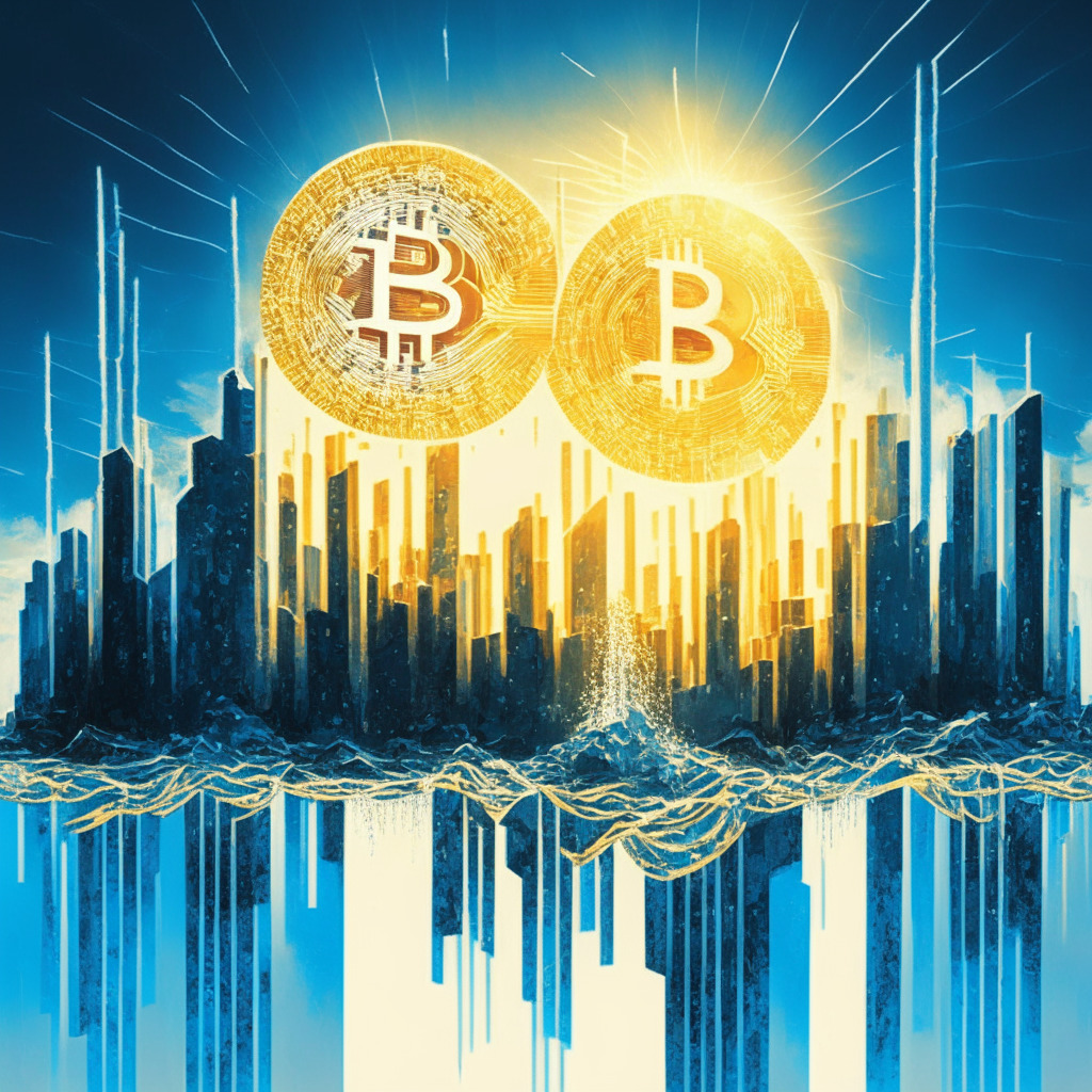 An abstract digital landscape depicts the rise and fall of bitcoin lending. In the foreground, a wave of golden bitcoins crashes into glass block towers, symbolizing the collapse, yet unscathed silver and blue structures stand tall, representing a new era. In the background, a faintly glowing sun, symbolic of enlightenment, slowly rises. The image is designed in the style of futurism with sharp angles and a cool color palette, and displayed under a soft dawn light, indicating the hopeful transition fear to optimism.