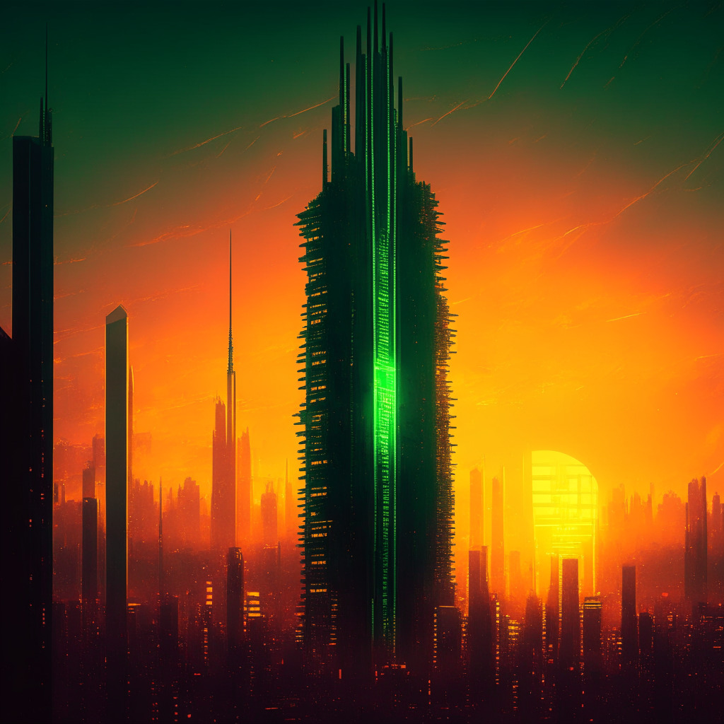 Dystopian cyber-cityscape with intense warm sunset, reflecting Solana's bearish market struggle. Intricate glass skyscrapers spiralling downwards, conveying a troubled descent. Against this, a digital beacon glowing with the green effervescence rises - symbolizing Bitcoin BSC's promising progress. An innovative juxtaposition creates a mood of friction and futuristic hope.